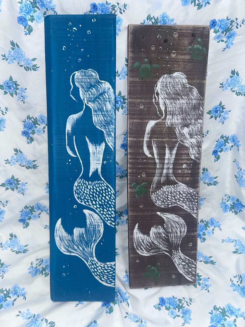 Hand Painted Mermaid Coastal Theme Wood Wall Art Plaque Set